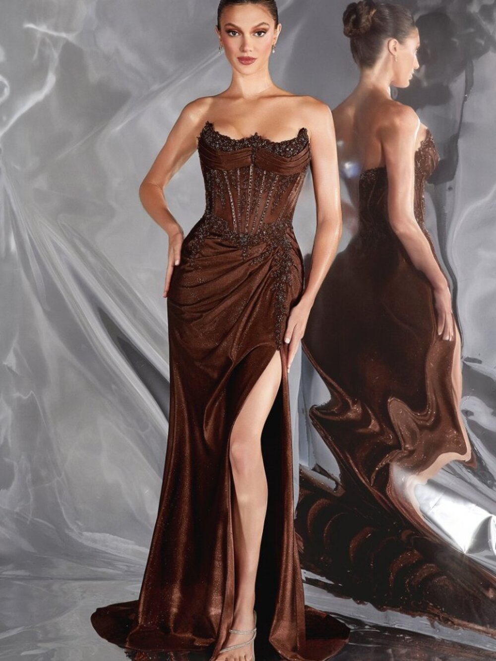 NEW ESPRESSO Evening Gown Floor Length Formal Elegant Stunning CC463